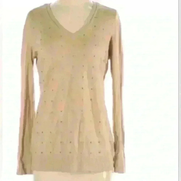 Michael KORS Beige Gold Studded V Neck Long Sleeve Cotton Sweater - Picture 1 of 5